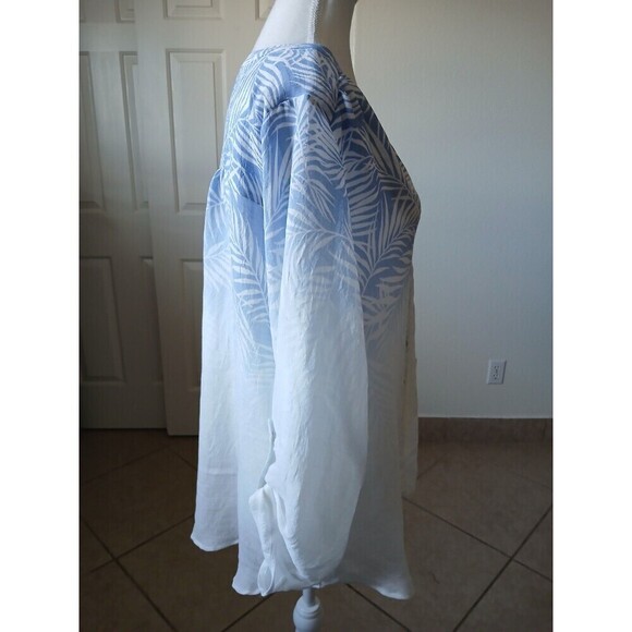 Fyve Womens Button Up Shirt Size 1X Ombre Blue White V Neck Roll Tab Lightweight - Picture 2 of 16